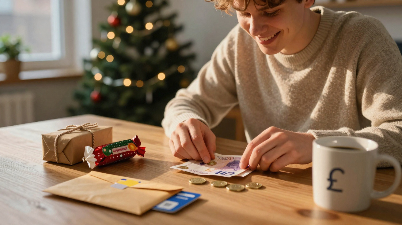 Young man counting money at a table with Christmas tree, gift, envelope, and mug with pound sign.
