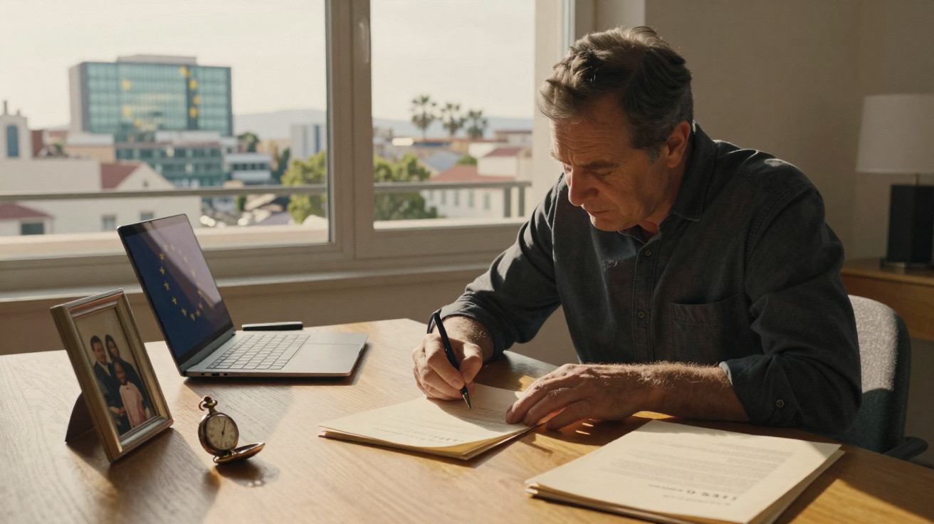 Man in a dark shirt writing on paper at a wooden desk with laptop, family photo, and pocket watch nearby.