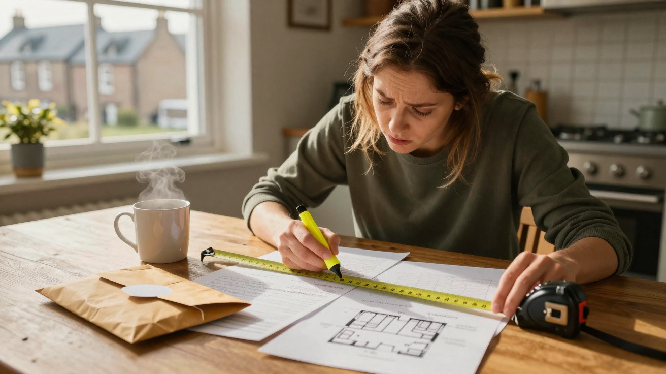 Woman measuring and marking architectural plans with a highlighter and tape measure on a kitchen table.