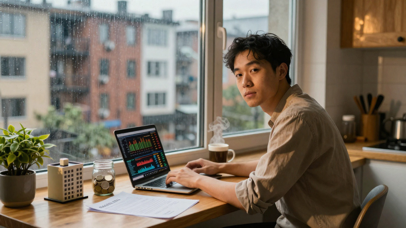 Young man working on laptop with financial charts by a rainy window in a cosy kitchen workspace.