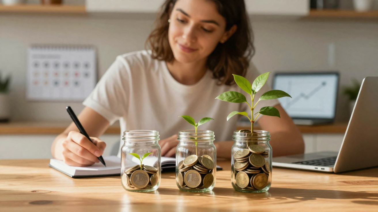 Young woman writing notes with three jars of coins and growing plants on a wooden table in front of her.
