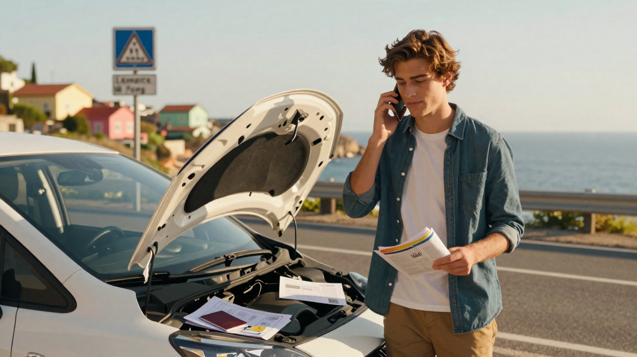 Young man makes phone call beside a broken-down car with open bonnet on a coastal road.