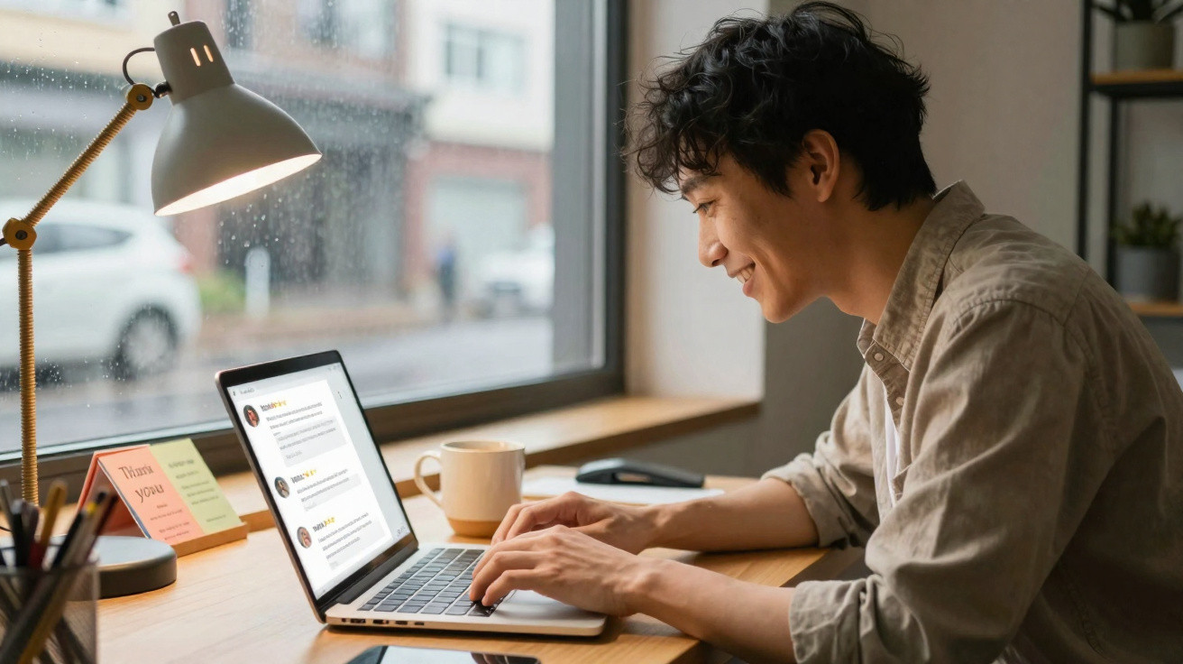 Young man smiling and typing on a laptop at a desk by a window with a lamp and mug nearby.