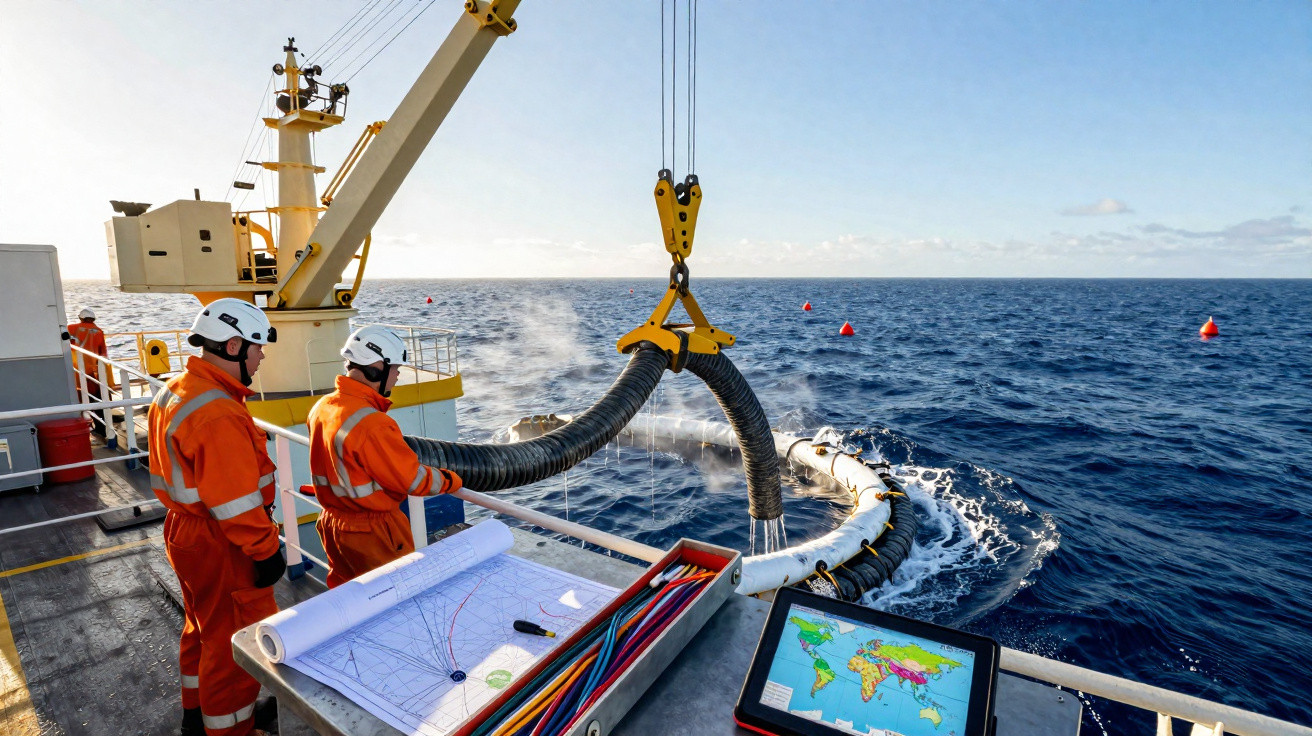 Two workers in orange uniforms handling a large hose on a vessel’s deck by the ocean, with maps nearby.