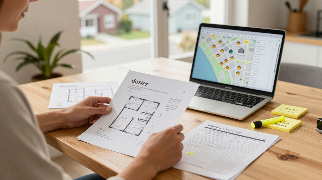 Person analysing building plans and property listings on paper and a laptop at a wooden table.