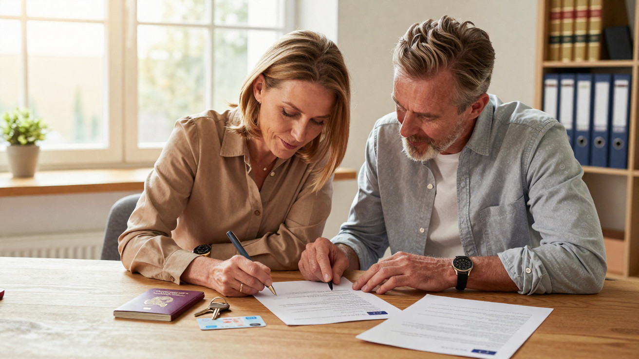 Middle-aged couple signing documents at a table with a passport, keys, and ID card nearby.
