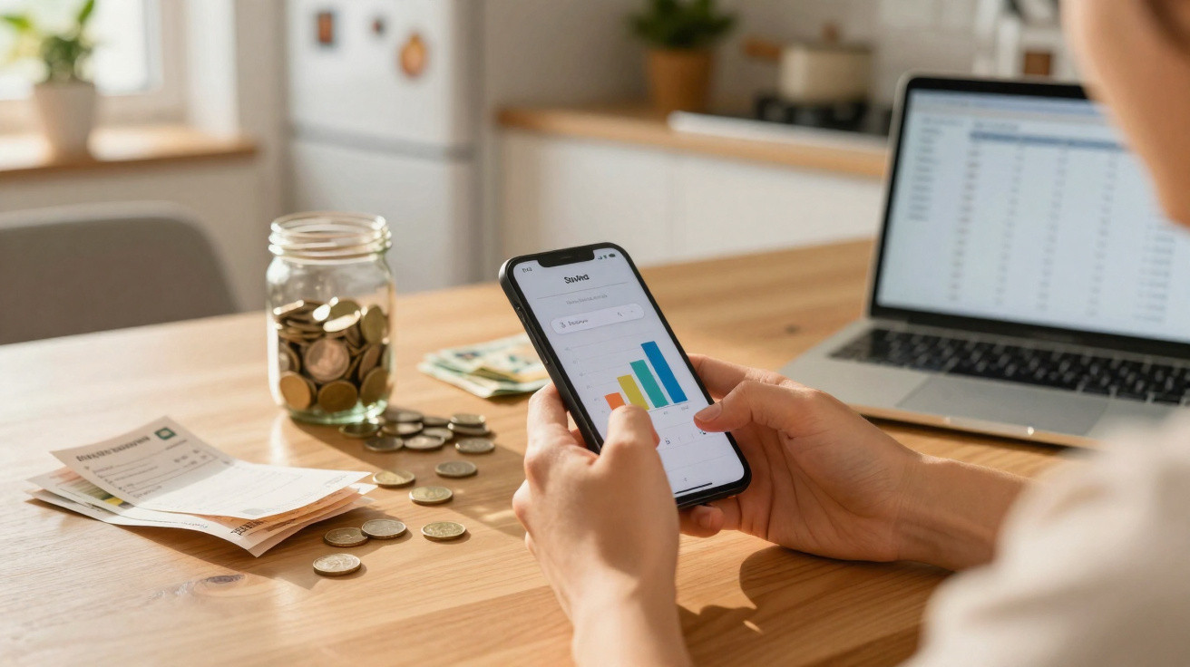 Person holding smartphone displaying a financial app with charts, coins, receipts, and laptop on a wooden table.