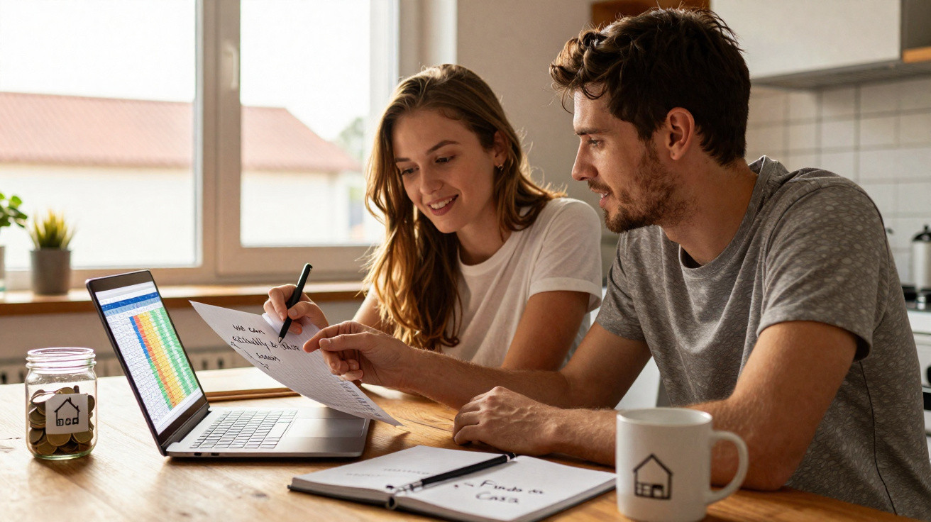 Couple reviewing finances and budget paperwork together at a kitchen table with a laptop and coffee mugs.
