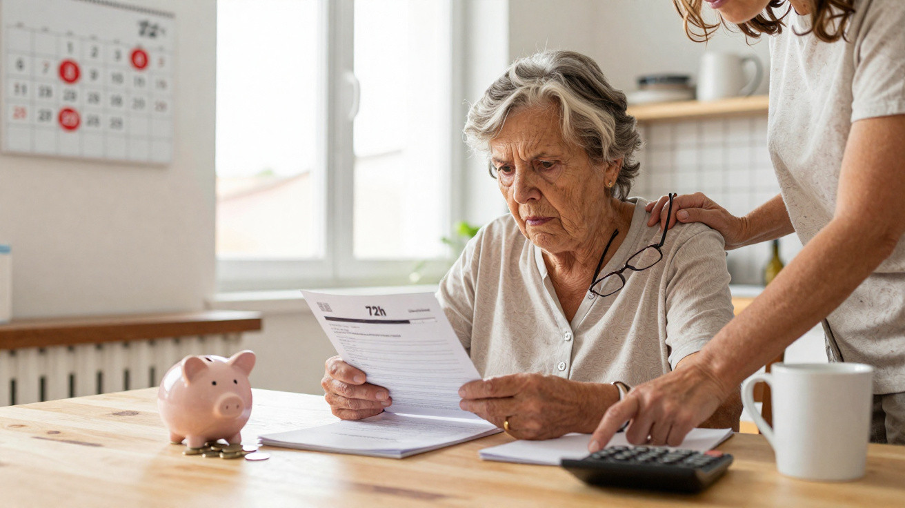 Elderly woman reviewing documents at a table with a younger person helping using a calculator nearby.