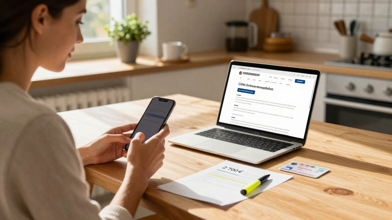 Person using a smartphone at a wooden table with a laptop, papers, and a credit card in a bright kitchen.
