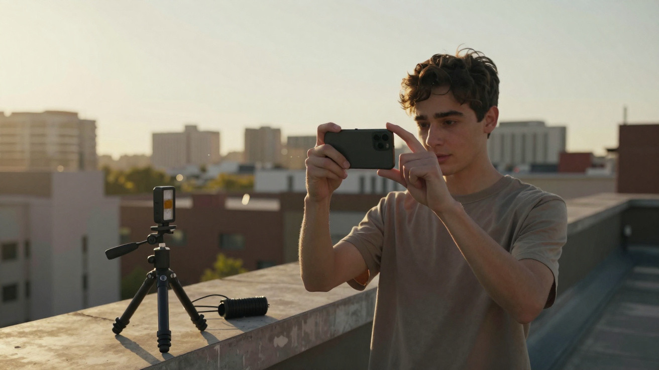 Young man taking a photo with a smartphone on a rooftop at sunset, with a tripod and light nearby.