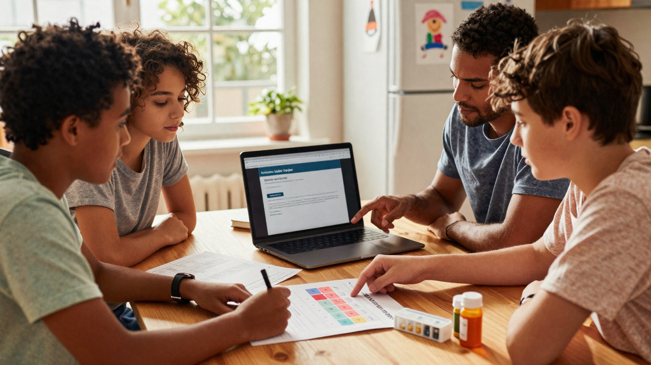 Four young people sit around a table with a laptop and medication chart, discussing doses and schedules.