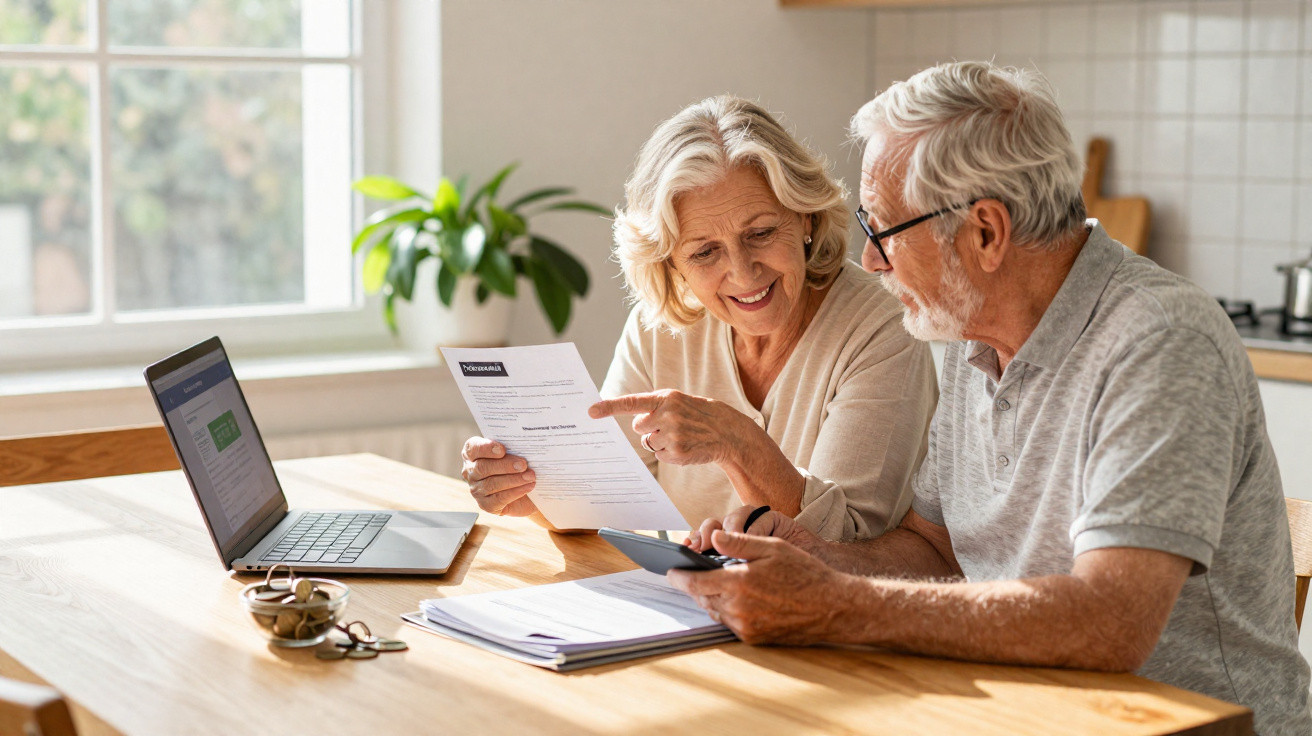 Elderly couple reviewing documents and using calculator at a wooden table with a laptop in a bright kitchen.