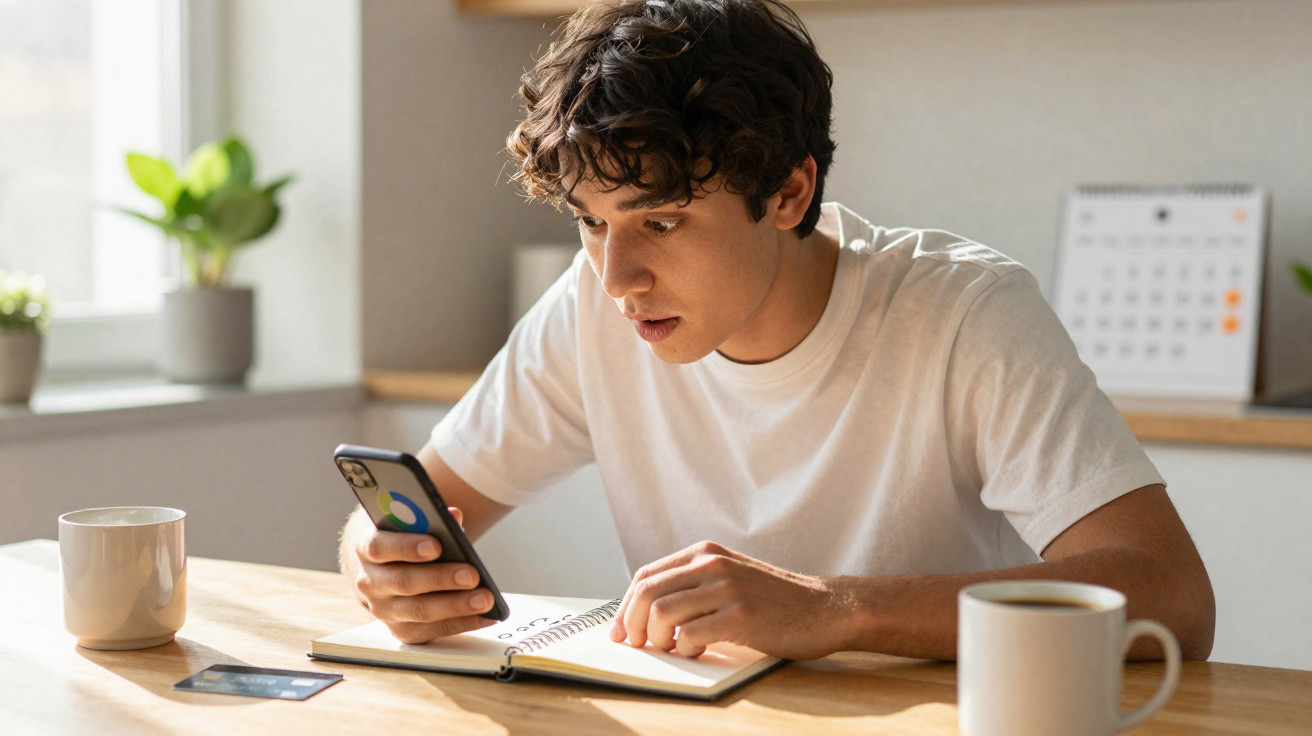 Young man in white t-shirt looking at phone while writing in a notebook at a wooden table with mugs nearby