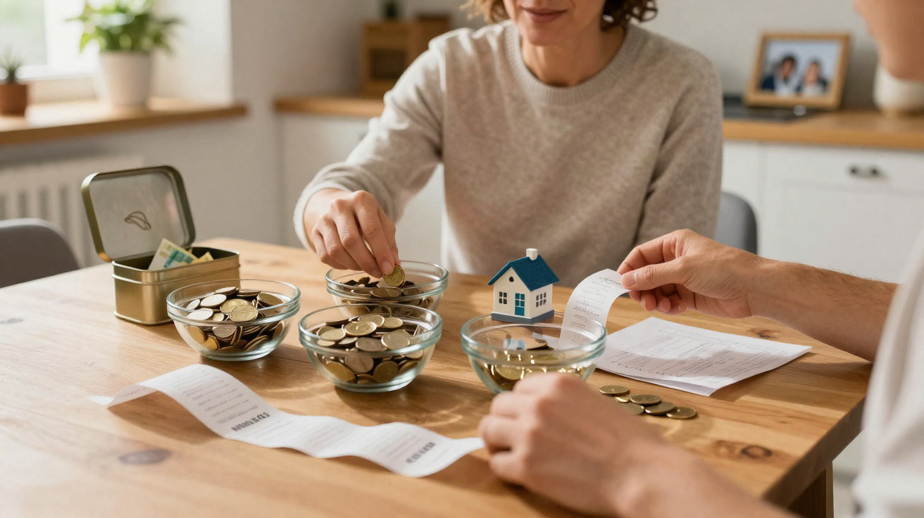 Couple sorting coins into bowls with a small house model and receipts on a wooden table.