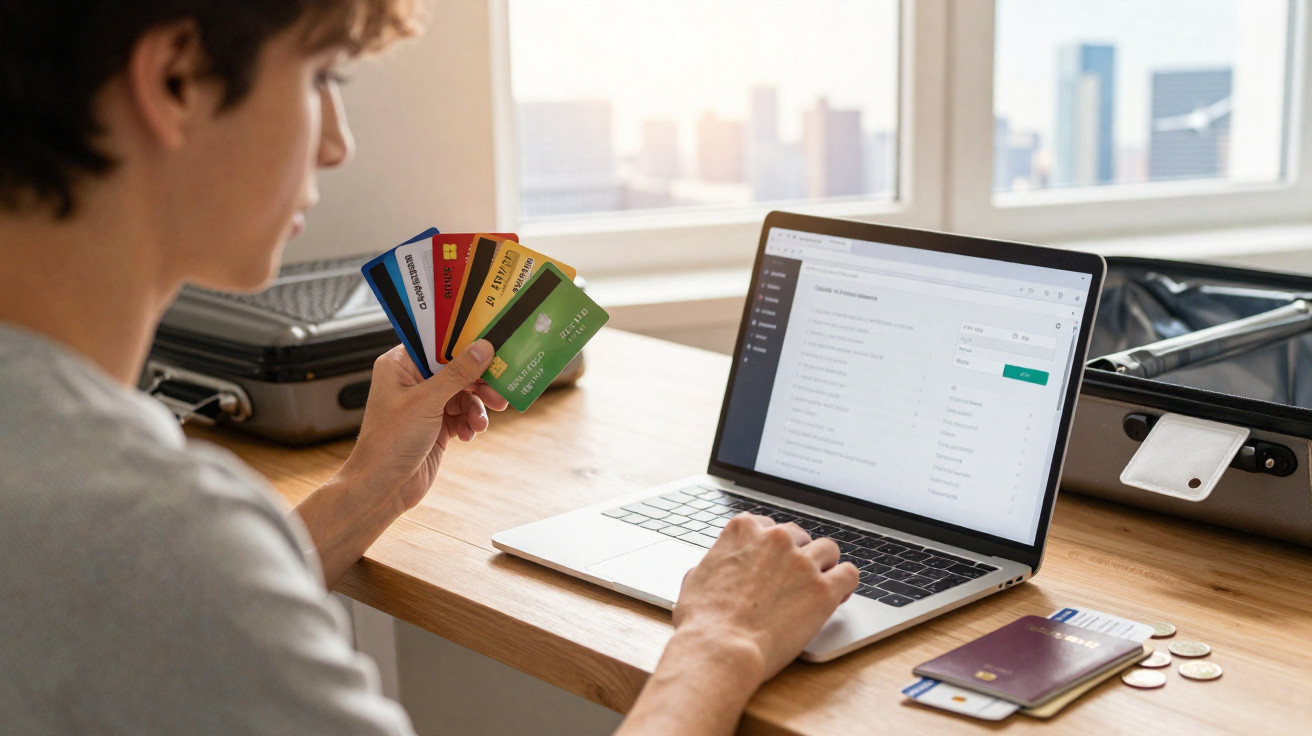 Person holding several credit cards while using a laptop, with open suitcase and passport on the table.