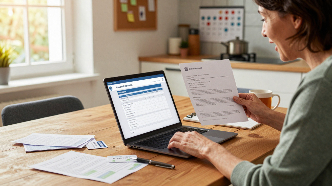 Woman working at kitchen table reviewing documents with laptop displaying financial spreadsheet.