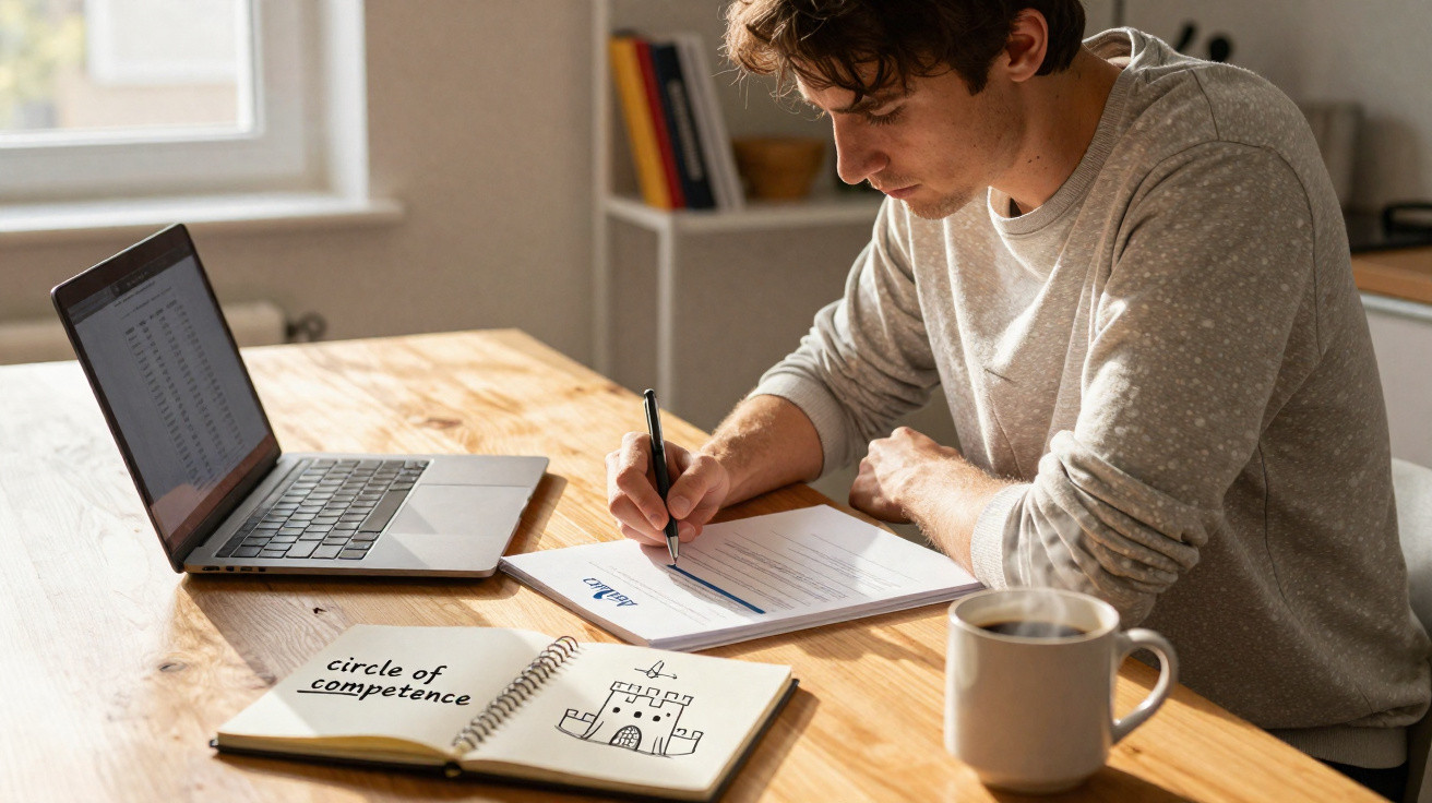Young man working at a wooden table with a laptop, notebook labeled "circle of competence," and a cup of coffee.