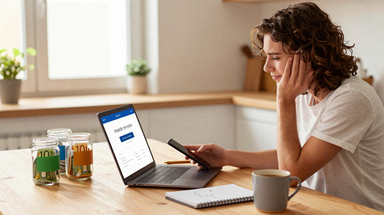 Woman using a smartphone and laptop at a table with jars of money, a notebook, and a mug nearby.