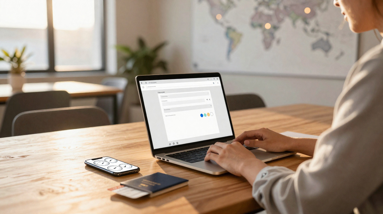Person typing on a laptop at a wooden table with a phone and passport beside them in a bright room.