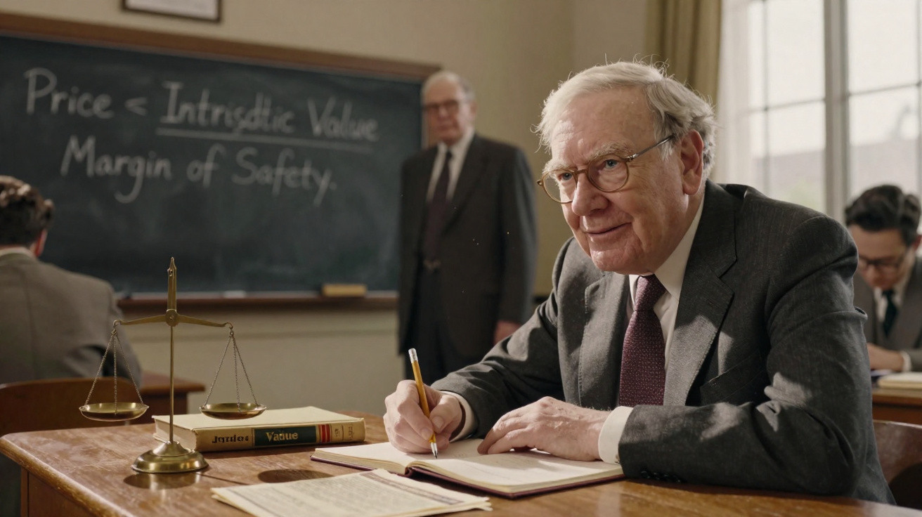 Older man in suit writing at desk with scales, books and chalkboard reading Price < Intrinsic Value Margin of Safety.