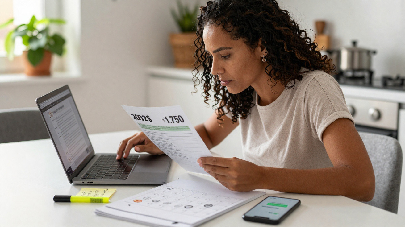 Woman reviewing bills and working on a laptop at a kitchen table with documents and a smartphone nearby