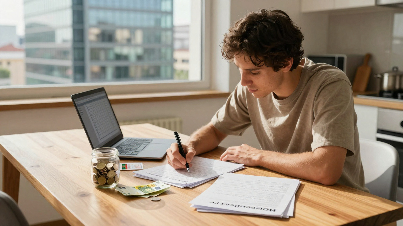 Young man at wooden table filling out forms with laptop, jar of coins and cash in a bright room
