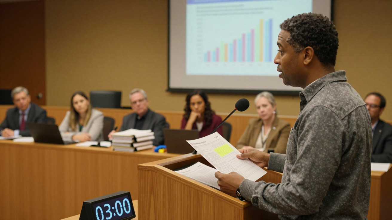 Man presenting documents at a podium to a panel with a timer and a chart projected in the background