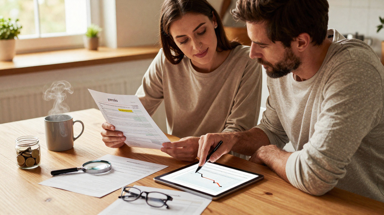 Couple reviewing financial documents and graphs on a tablet while discussing at a wooden table.