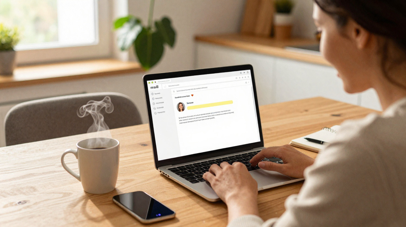 Woman typing on laptop at wooden table with steaming coffee and smartphone nearby in bright room
