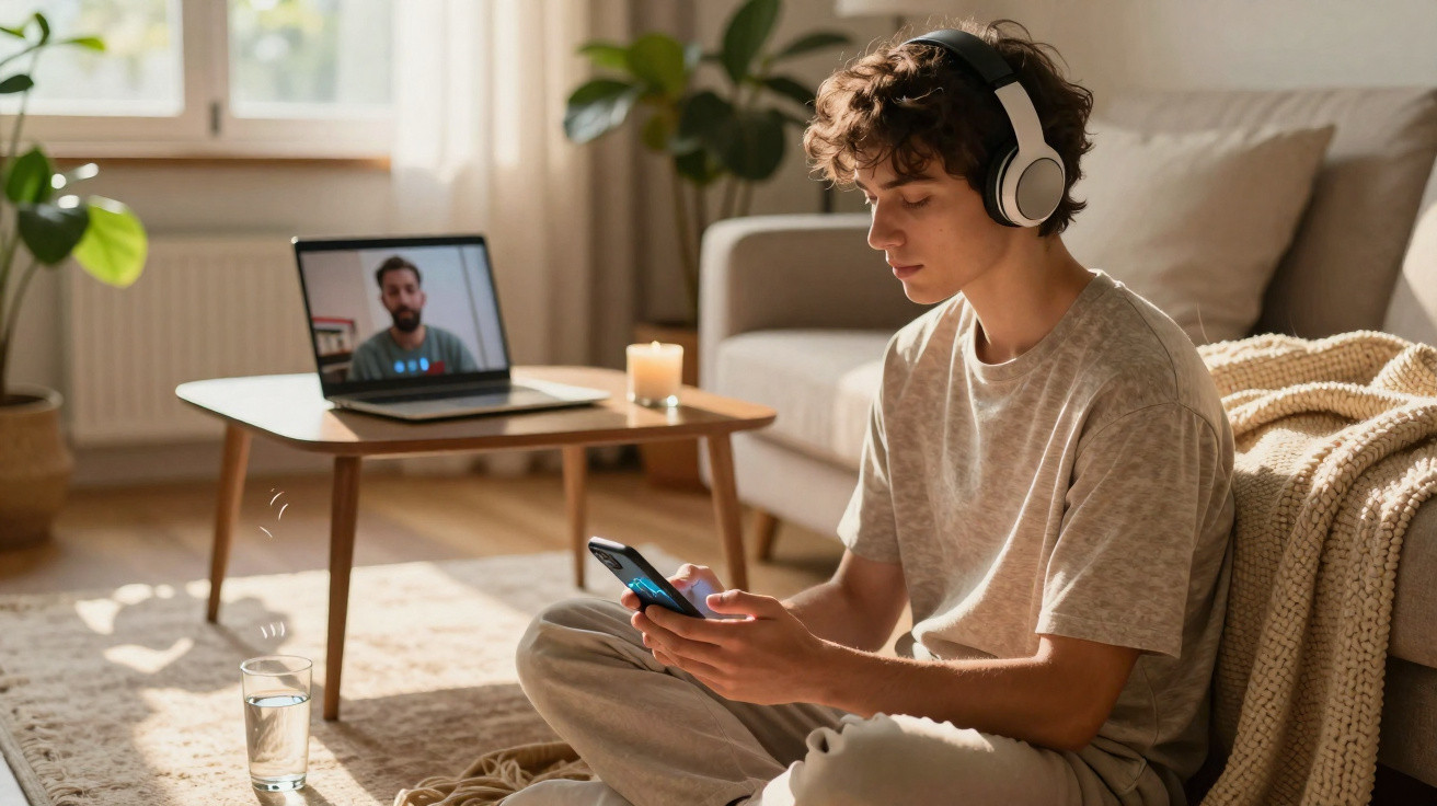 Young man wearing headphones video calling on laptop while using smartphone in living room.