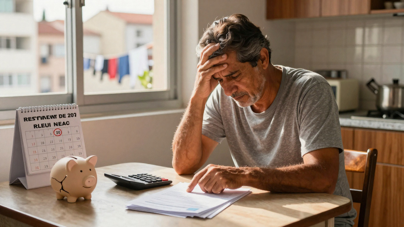 Older man looking stressed while reviewing bills at a kitchen table with a piggy bank and calculator nearby.