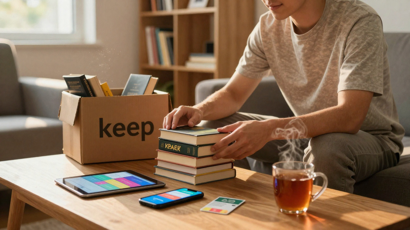 Person organising books on a table beside a cardboard box, tablet, smartphone, and a steaming cup of tea.