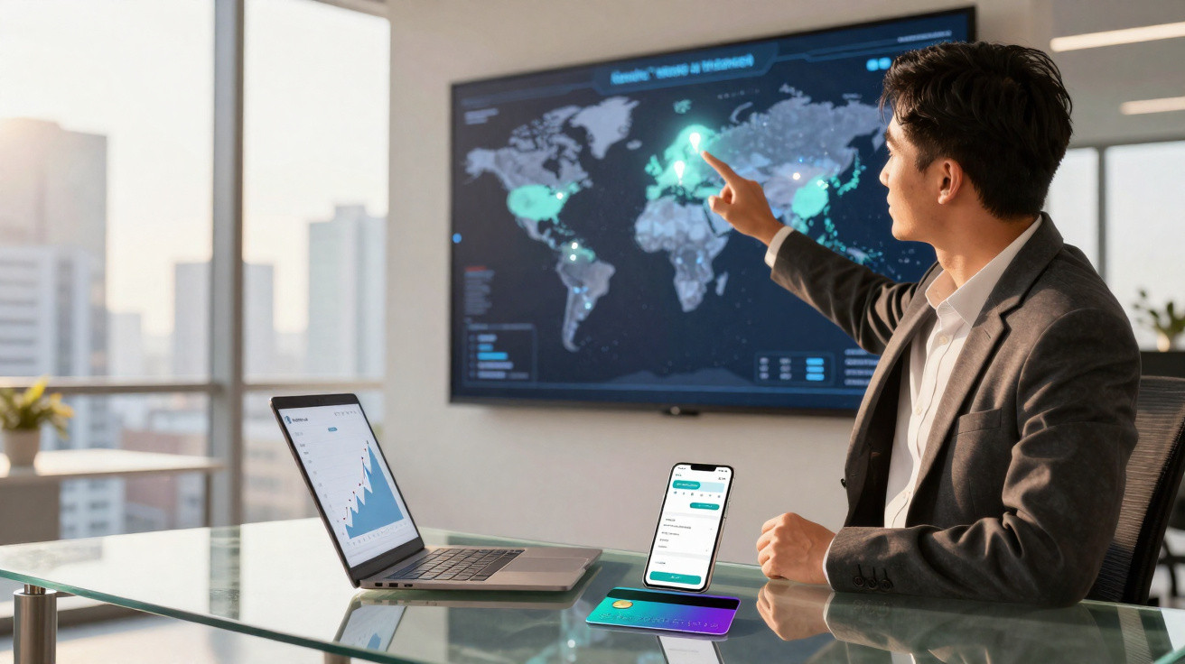 Businessman in grey suit pointing at digital world map on screen in modern office with laptop and smartphone on desk.