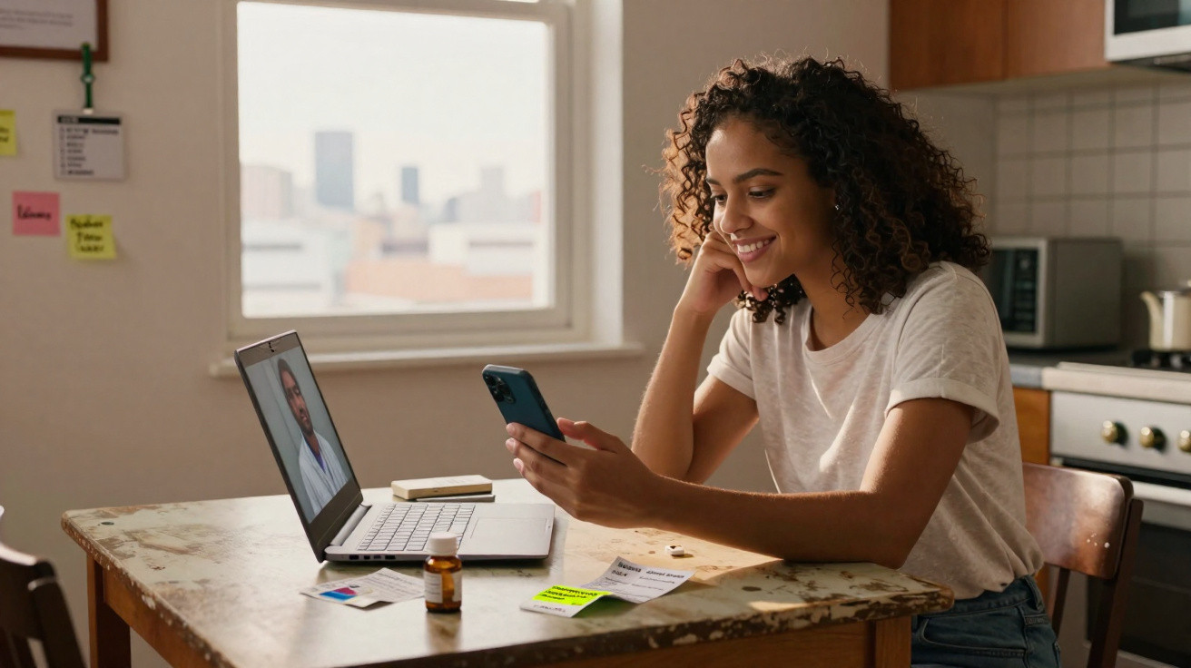 Young woman smiling at phone during online doctor consultation in a kitchen with medication on the table.