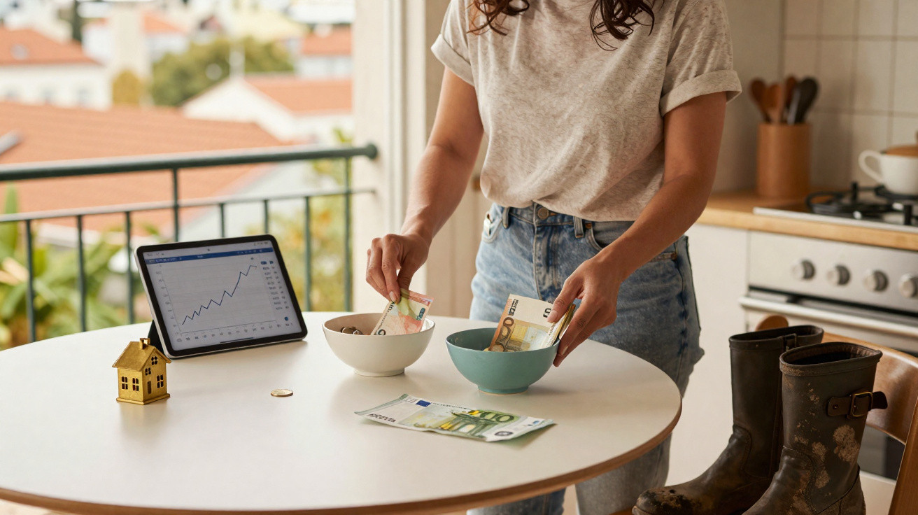 Person sorting euro banknotes into bowls on a table with tablet showing a rising graph and a small house model.