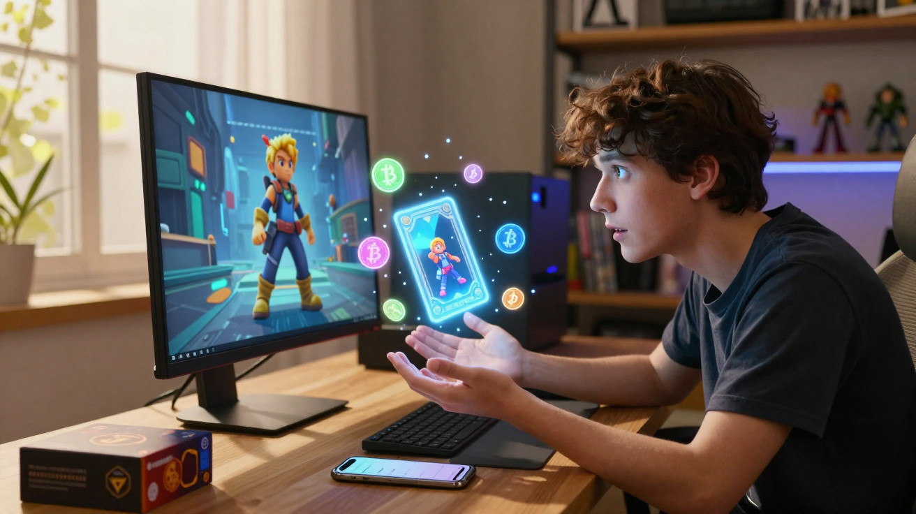 Teenage boy interacting with holographic gaming and cryptocurrency symbols above a desk with a monitor and smartphone.