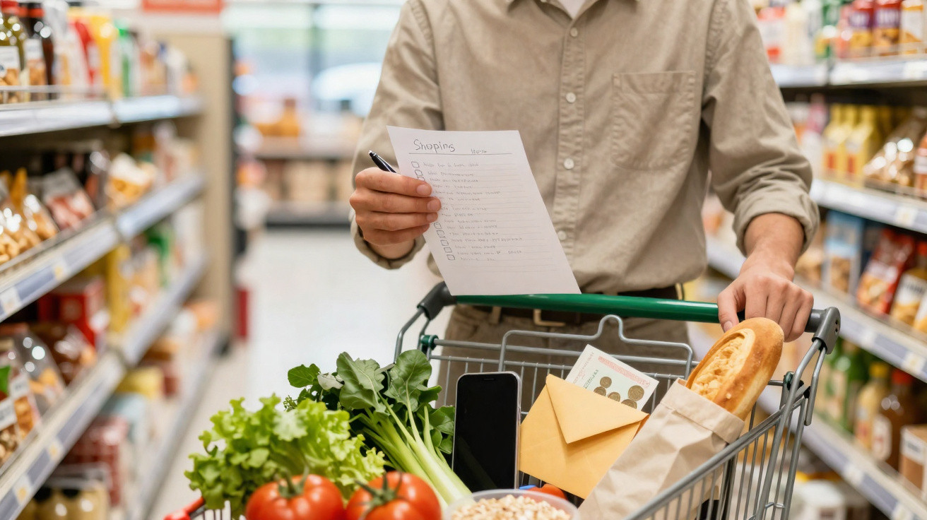 Person holding shopping list and pen pushing trolley with groceries including bread and vegetables in supermarket aisle
