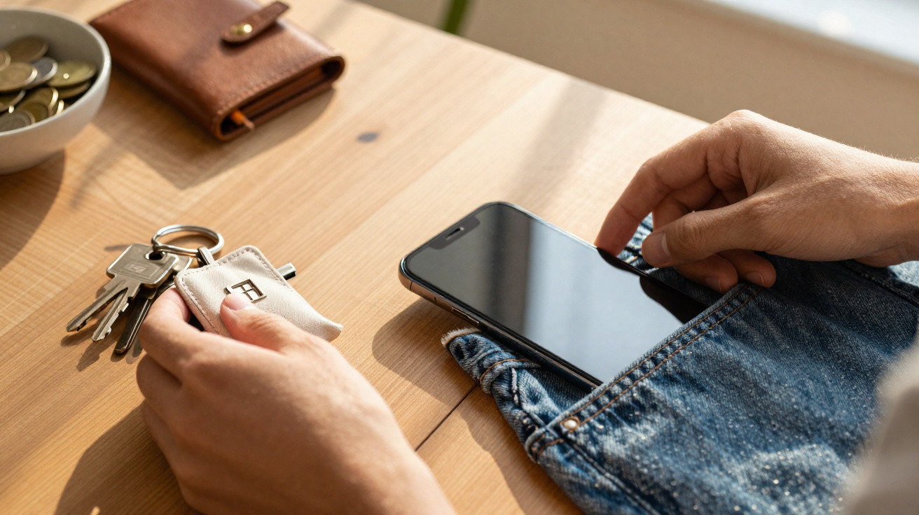 Person placing a black smartphone into the back pocket of blue denim jeans on a wooden surface.
