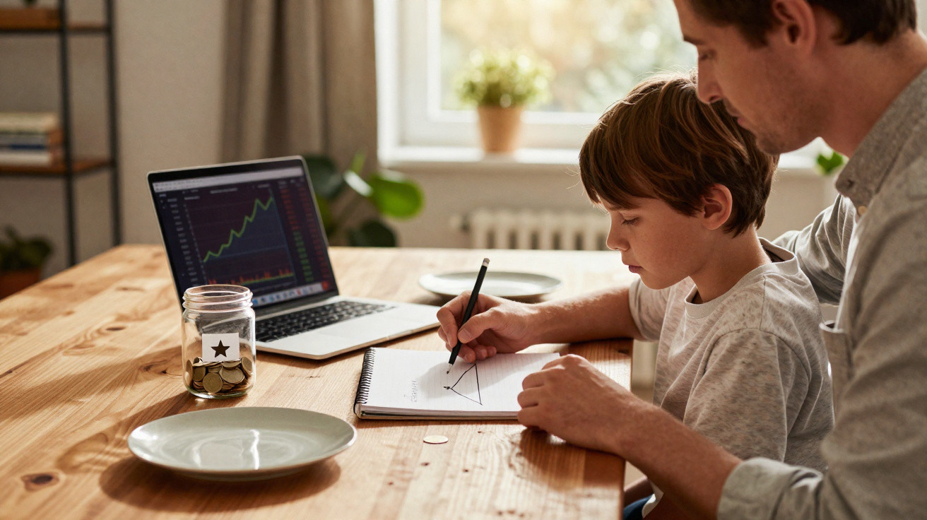 Adult and child drawing geometric shapes in notebook at wooden table with laptop and coin jar nearby