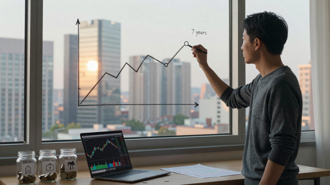 Man drawing a seven-year growth chart on a window in an office with city buildings in the background.