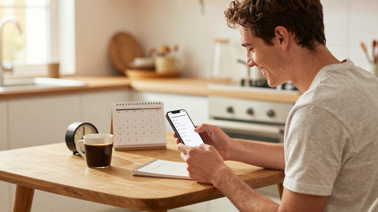 Young man smiling while using smartphone at kitchen table with coffee, calendar, clock, and notebook nearby