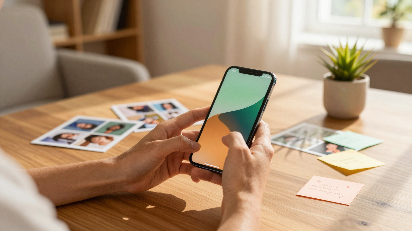 Person holding a smartphone over a wooden table with photos, sticky notes, and a potted plant in bright natural light.