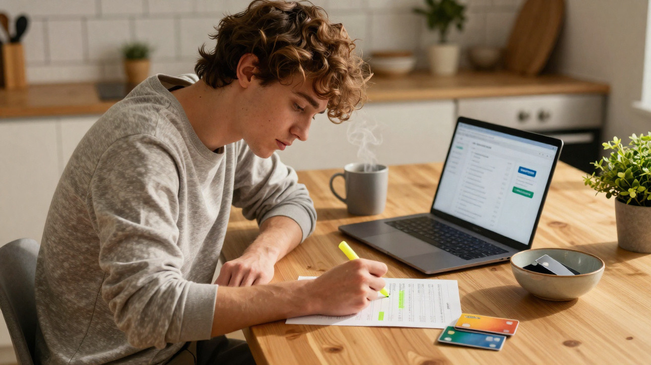 Young man highlighting paperwork at wooden table with open laptop and steaming mug in kitchen setting