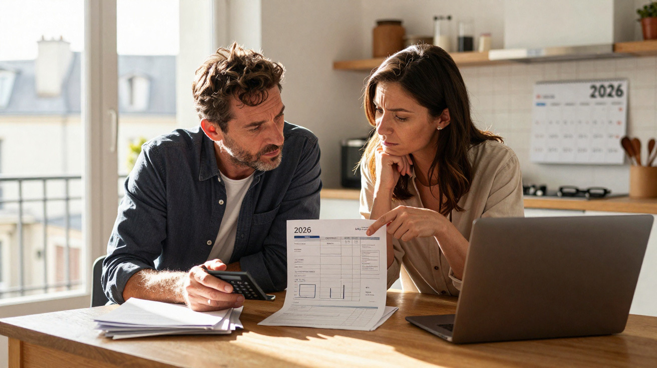 Couple sitting at a table reviewing bills and calculating expenses with a calculator and laptop in a bright kitchen.