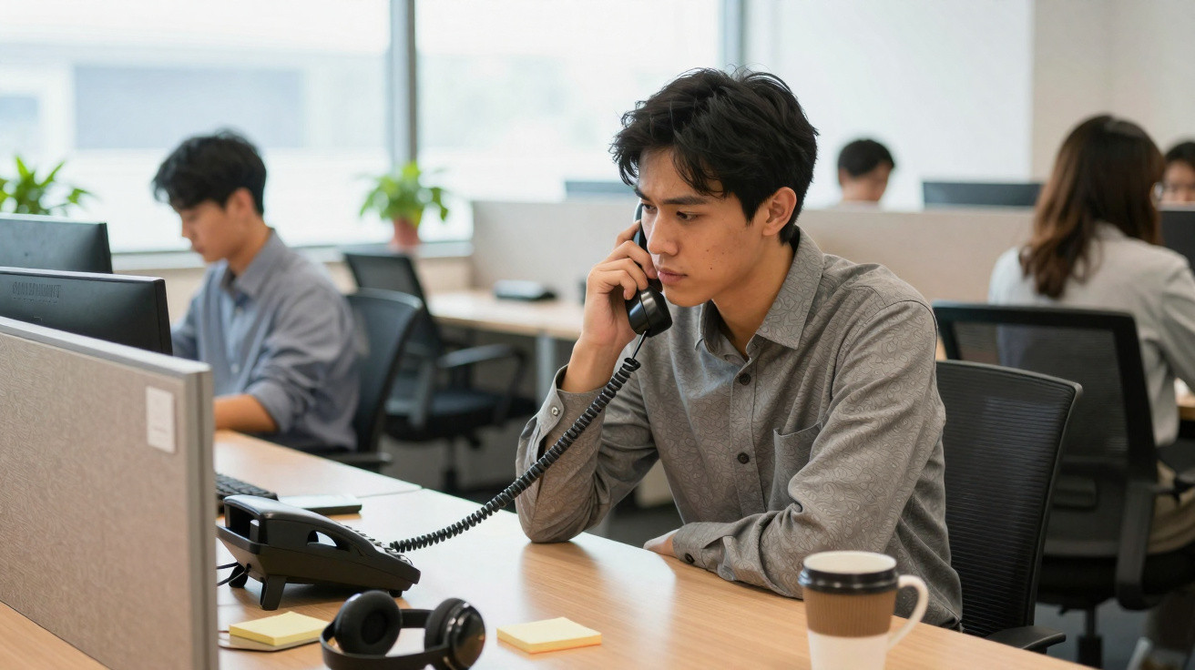 Young man in a grey shirt talking on a phone at a desk in a modern open-plan office.