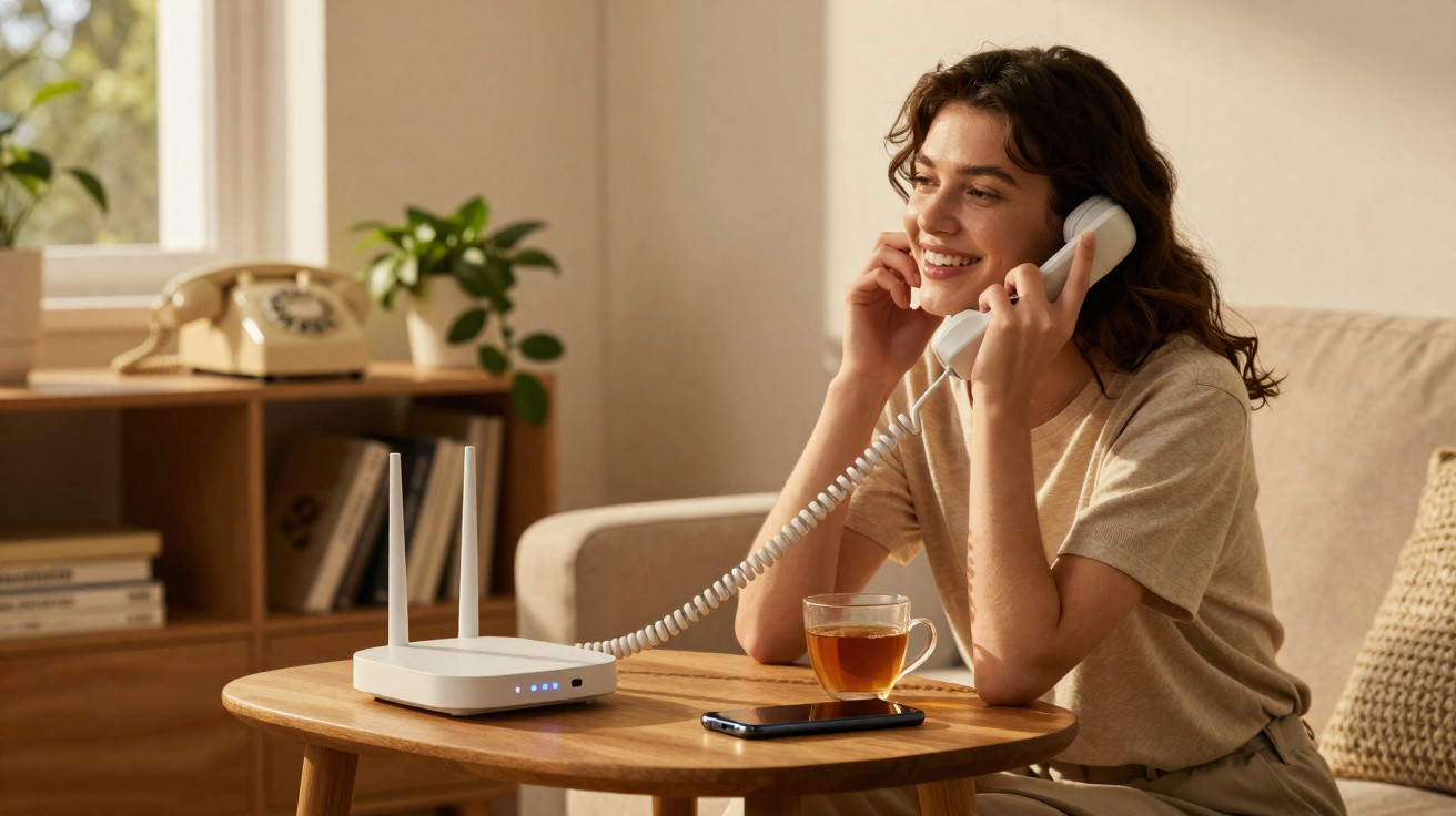 Smiling woman sitting on a sofa talking on a white corded phone with a tea cup and router on the table.