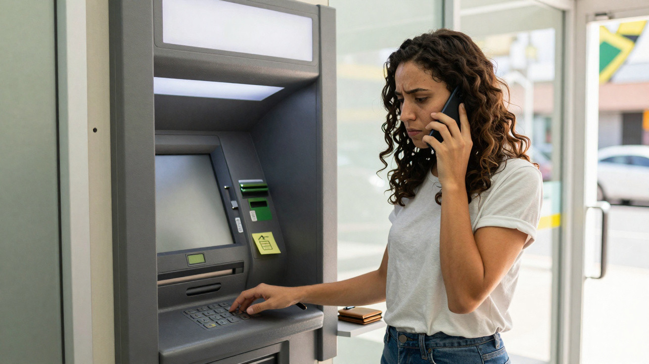Woman using an ATM machine while talking on the phone inside a bank or store.