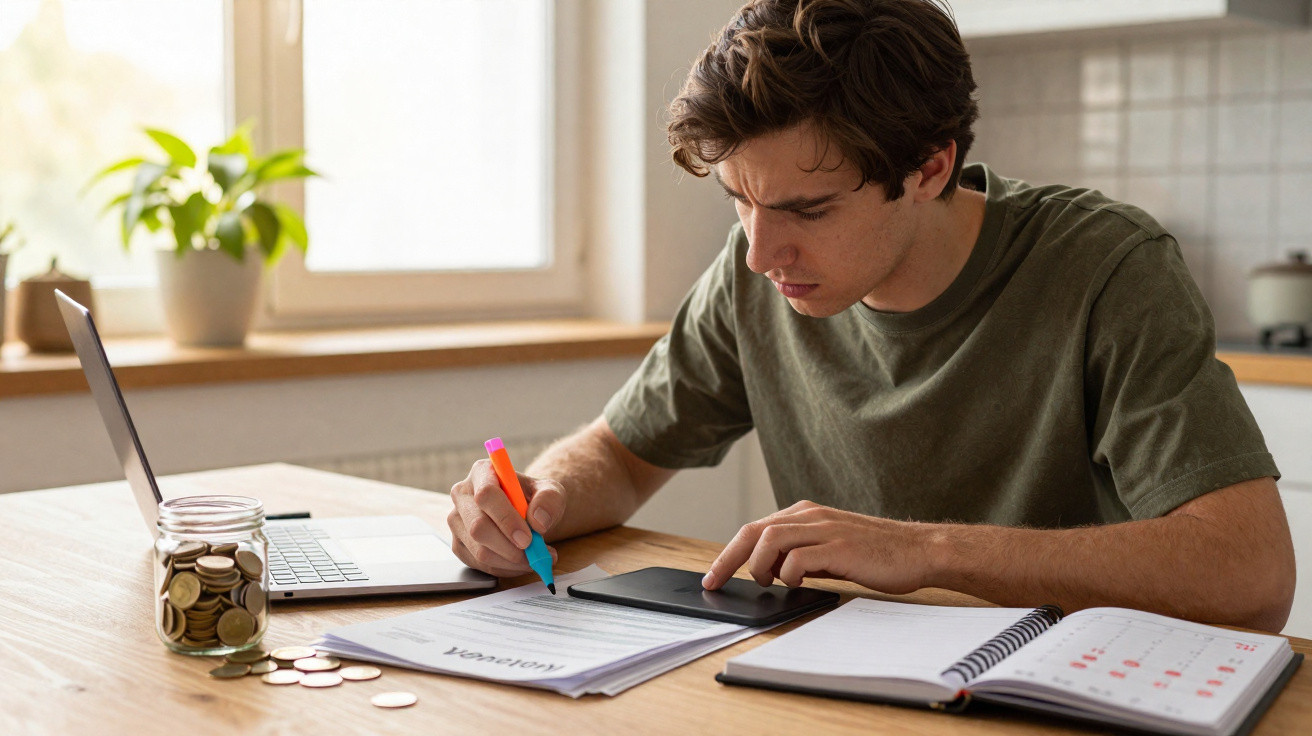 Young man studying bills with calculator and laptop at bright kitchen table with jar of coins nearby