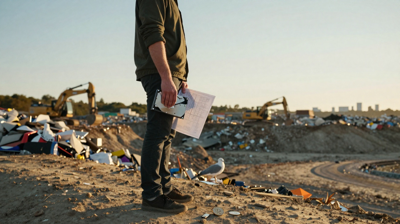 Person holding a drone and map, standing on a dirt mound overlooking a landfill with excavators at sunset.